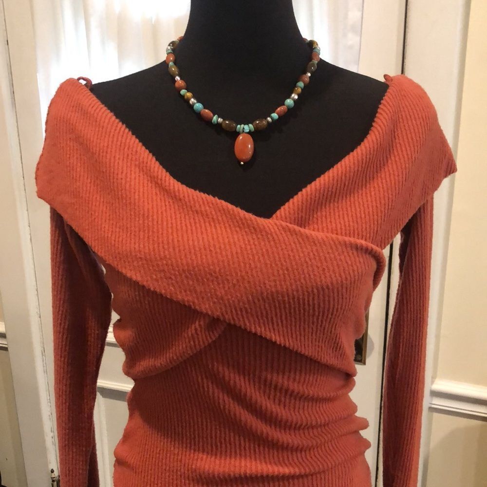 FREE PEOPLE Marley Off The Shoulder Cross Over Long Sleeve Ribbed Knit Sz Small